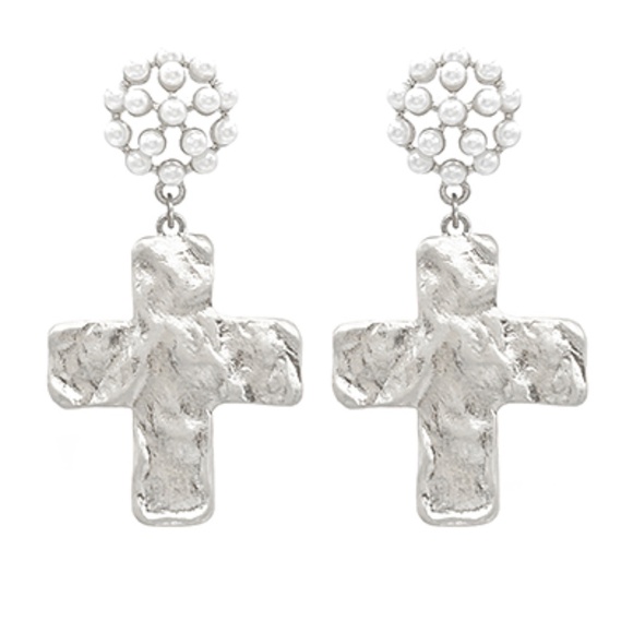 Hammered Cross & Pearl Drop Earrings - Picture 2 of 2